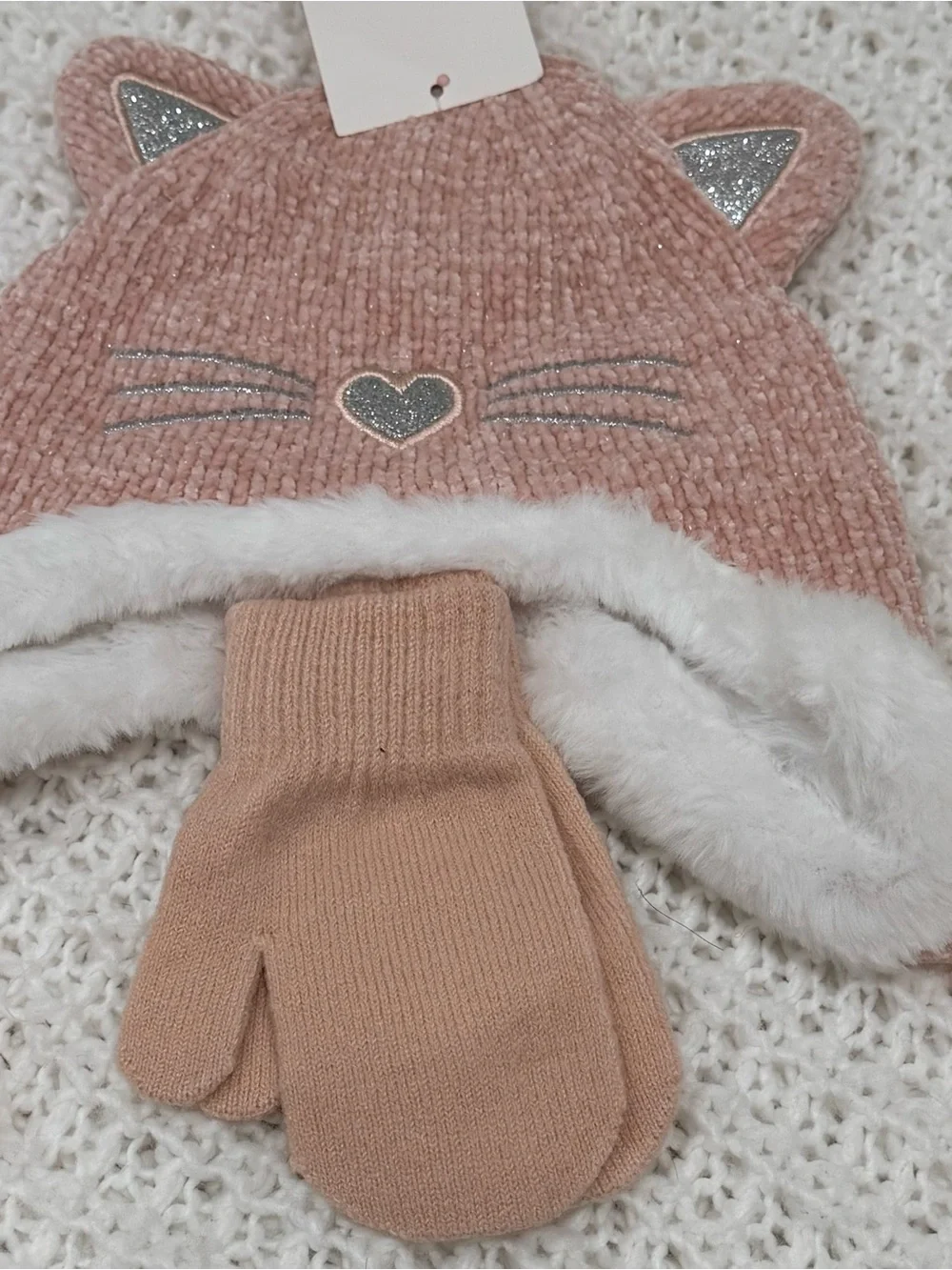 Capelli New York Kids' Beanie With Faux Fur  & Mittens Set in blush size 2-4T